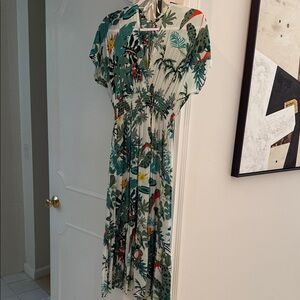 Blue Island Green and Red Tropical Midi Dress